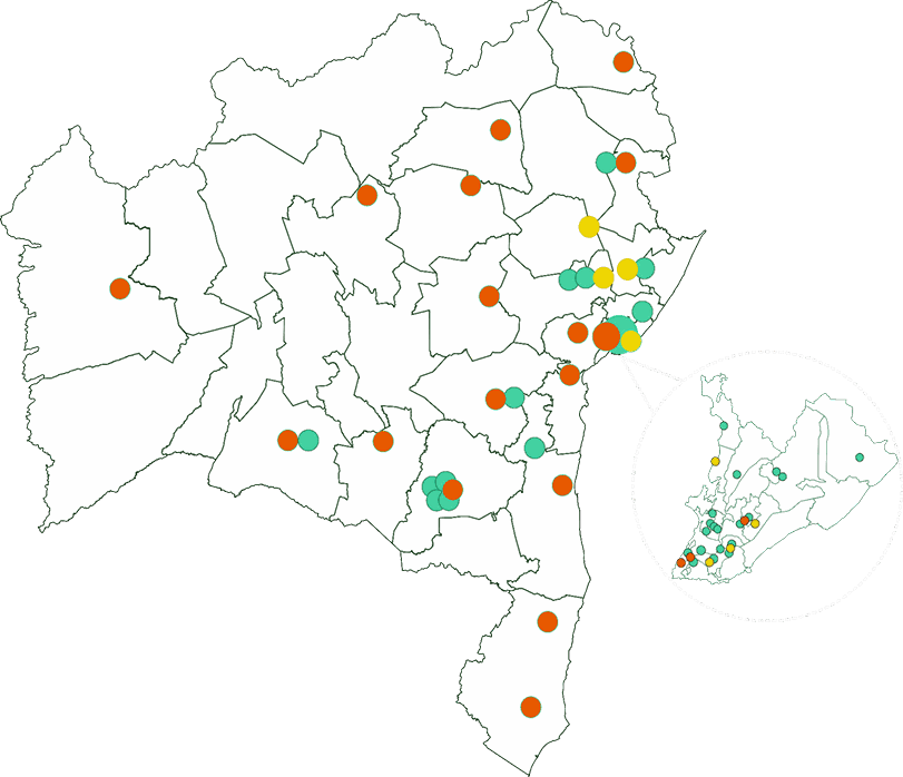 Mapa da Bahia com as unidades de saúde que utilizam o AGHUse, marcadas por situação de implantação